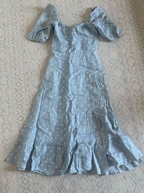 Reformation Light Blue Polka Dot Puff-Sleeve Midi Dress